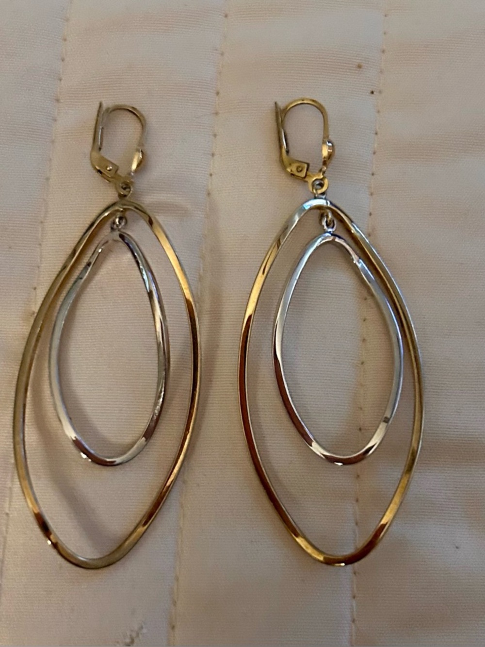 10k Gold and Silver Double Hoop Drop Teardrop Earrings